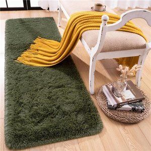 Soft Shag Runner Rug for Bedroom, 2x6 Feet Fluffy Rugs with Non-Slip,Olive Green